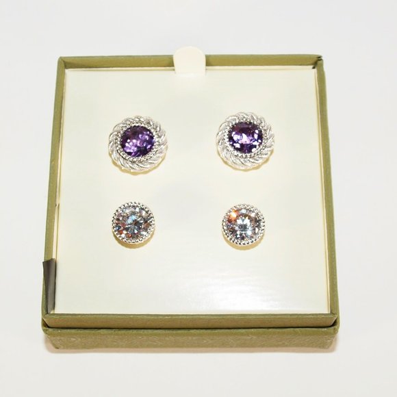 Judith Ripka 2 Sterling Stud Earrings & Jackets/Amethyst/Diamonique/NEW IN BOX - Picture 3 of 4